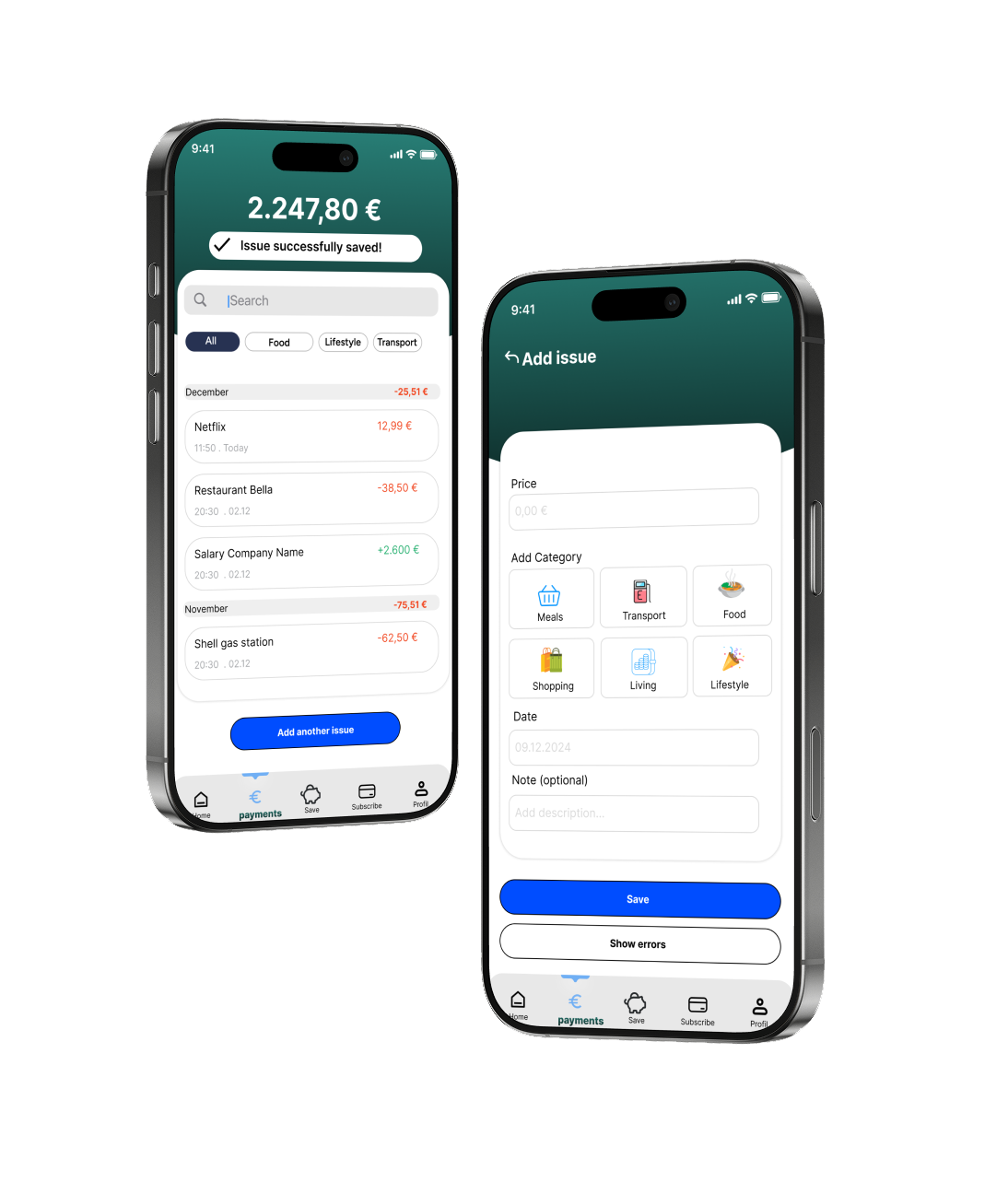 Payments and Add Issue screens