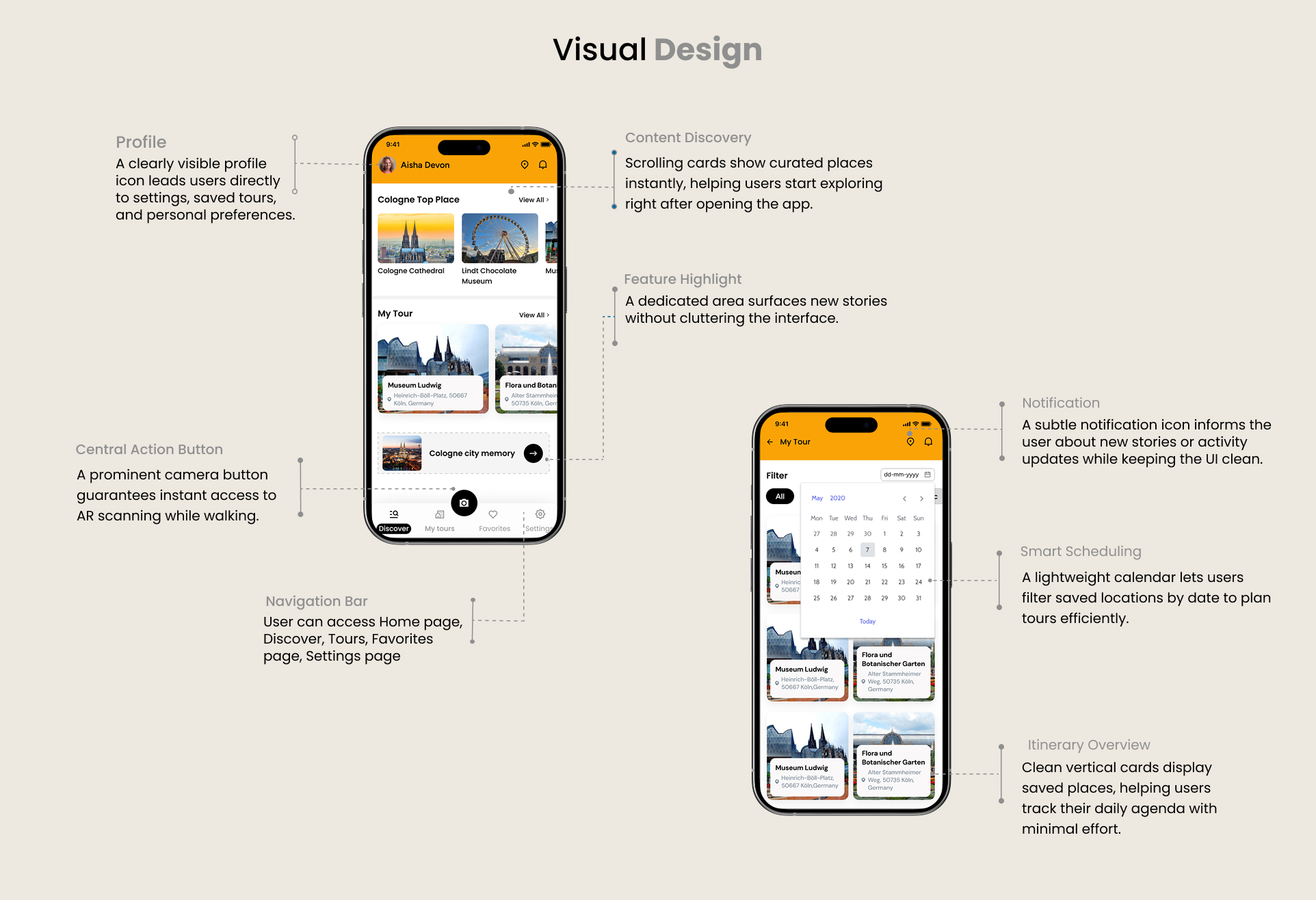 Annotated visual design screens