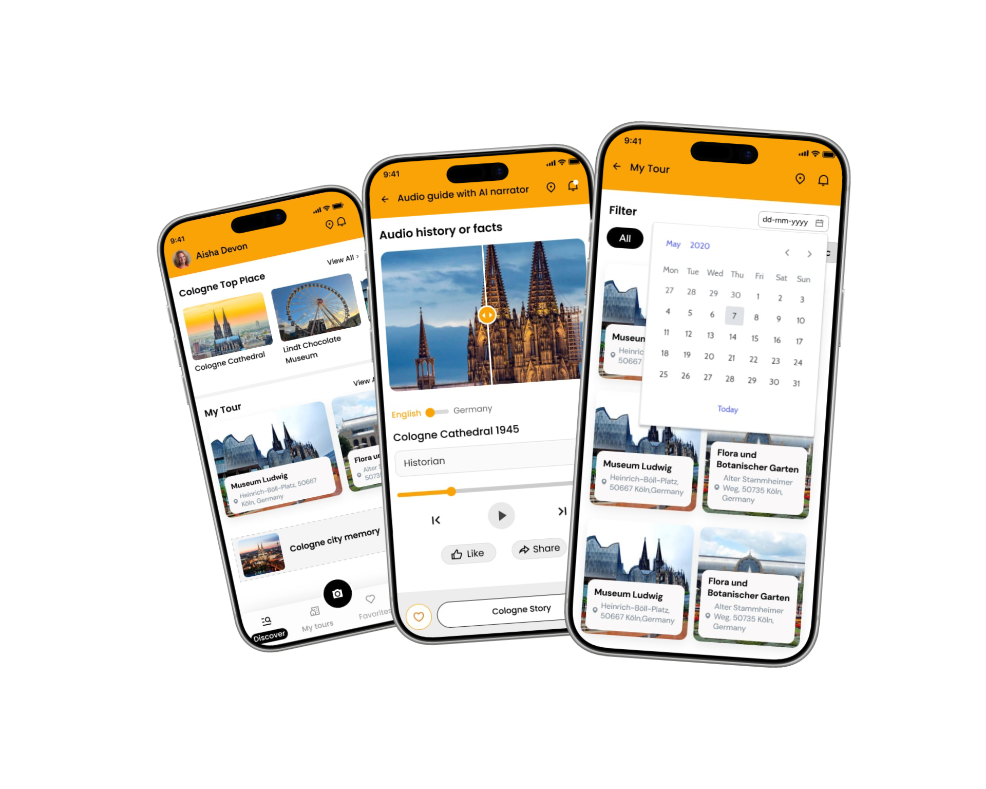 Home, audio guide and my tour screens