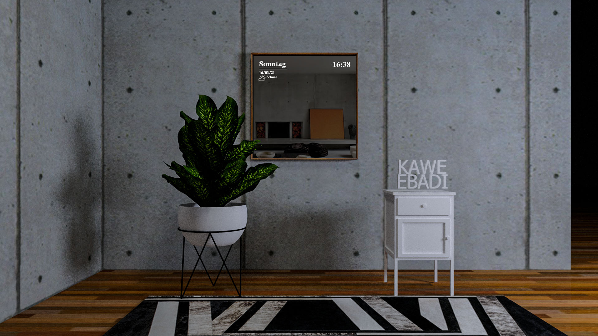 Smart Mirror 3D render — active mode with reflection