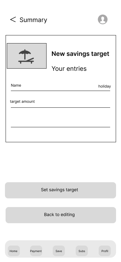 Mid-Fi Wireframe — New savings target