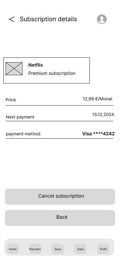 Mid-Fi Wireframe — Subscription details