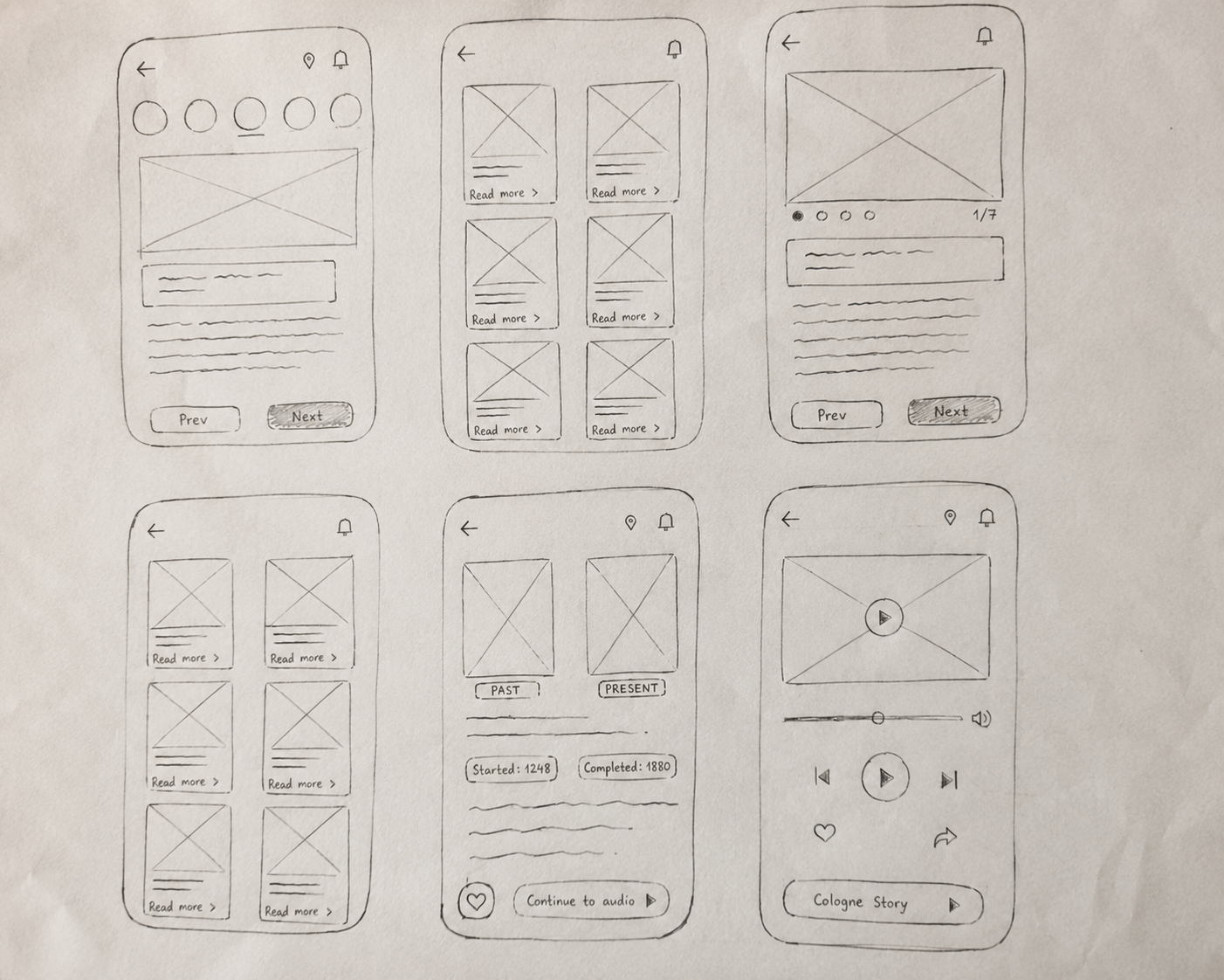 KUBIK low-fidelity paper wireframes